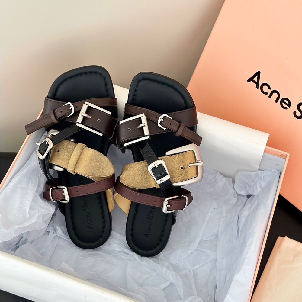 Acne Multi-Color Triple-Buckle Leather & Suede Sandals - Picture 9 of 9